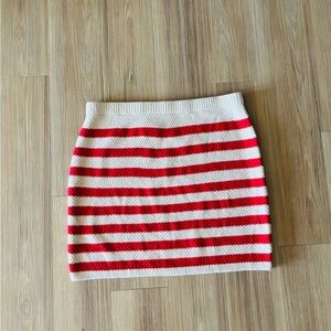 A New Day Mini Skirt Beige Red Stripe Knit Pull On Womens Large Preppy Nautical